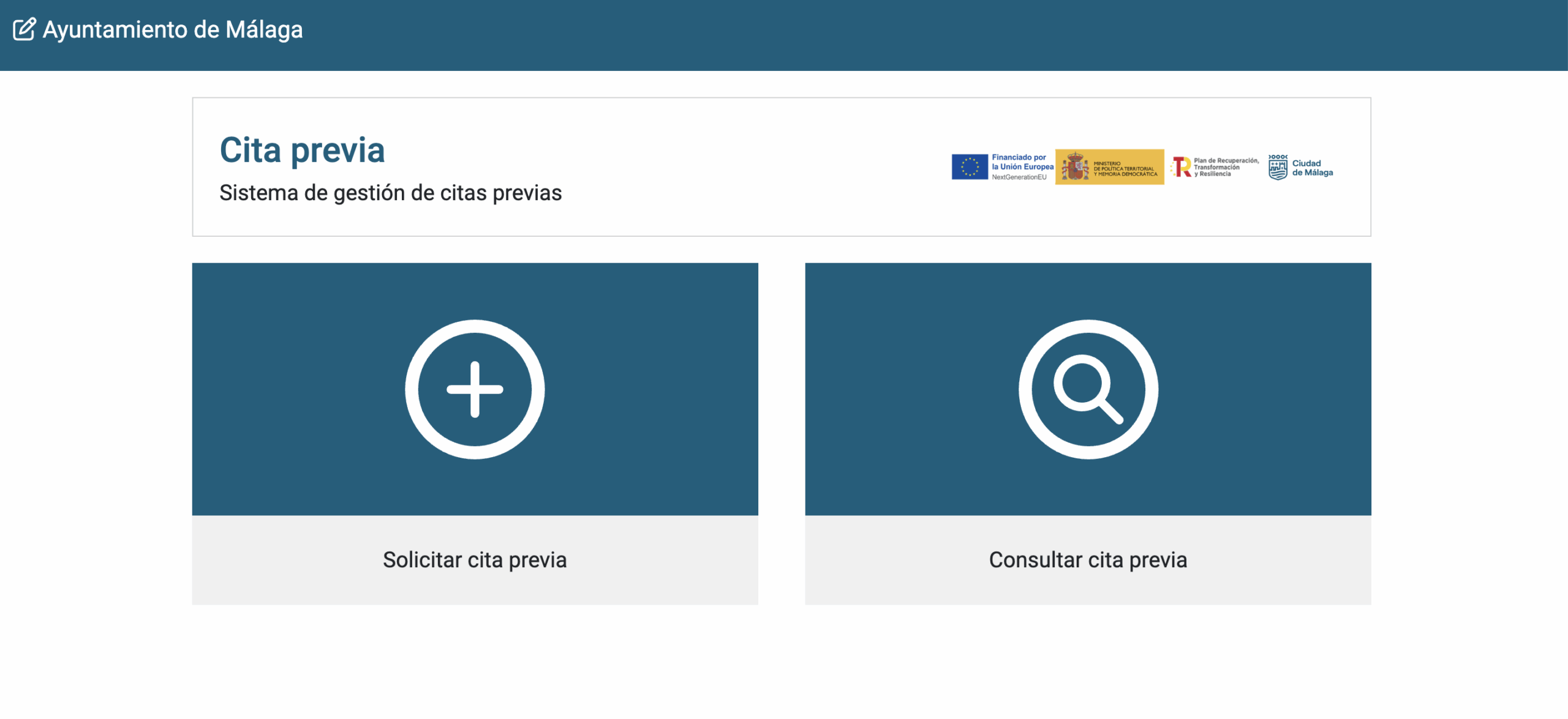 Capture d'écran de la page d'accueil de la Cita Previa OMAC Málaga