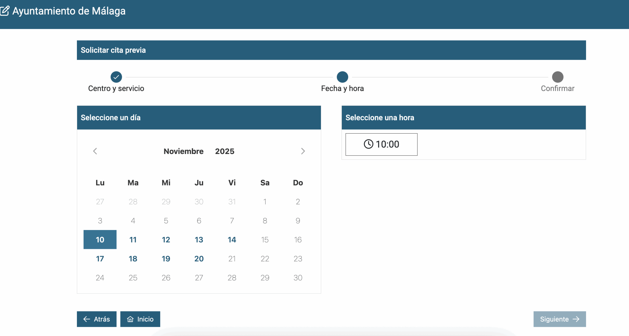 Capture d'écran du calendrier de prise de rendez-vous